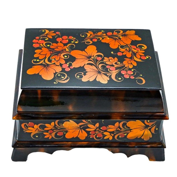 Other - Russian Wooden Hand Painted Khokhloma Style Trinket Jewelry Box 2 Compartments